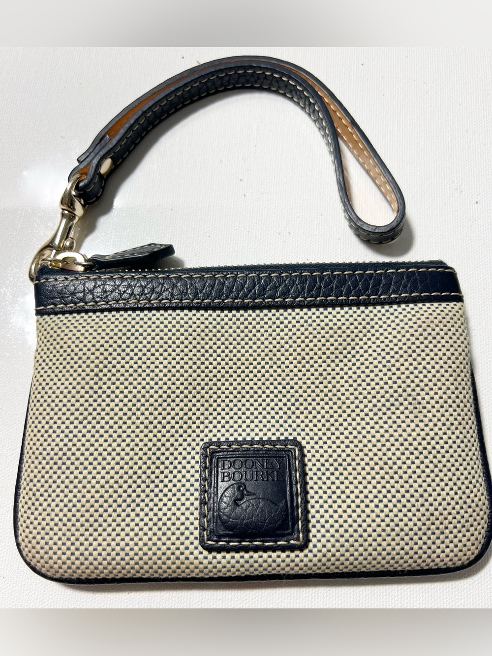 Dooney & Bourke Navy and Cream Canvas Wristlet with Leather Trim